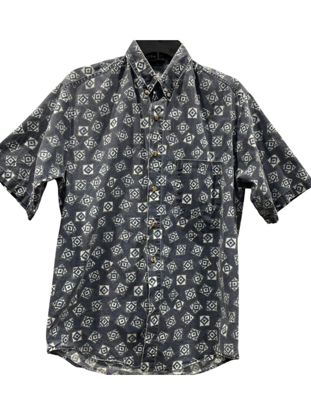 Vintage Bon Homme Mens Button Down Shirt S Blue White Geometric Casual Festival